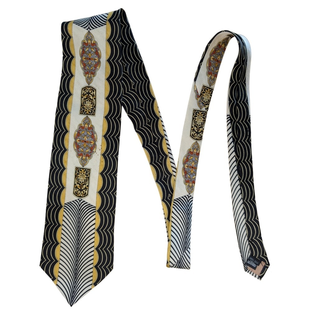 Vintage Cravet 100% Silk Black White Gold Pattern Tie‎